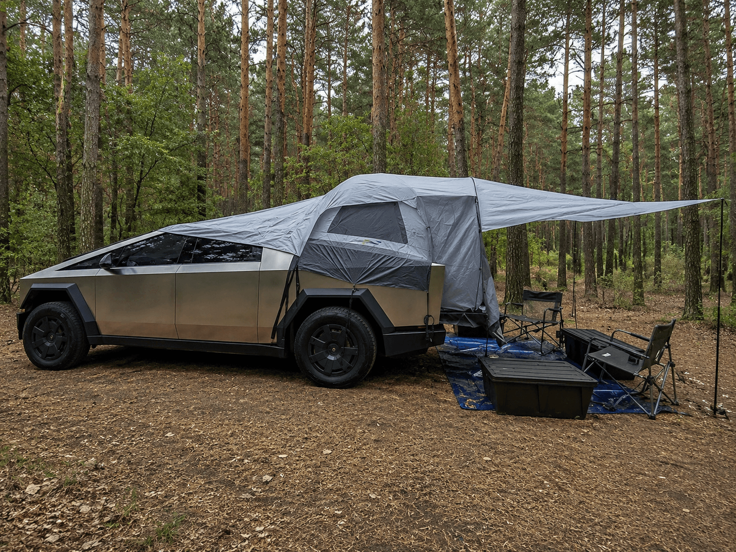Tesla Cybertruck w terenie, off road w lesie