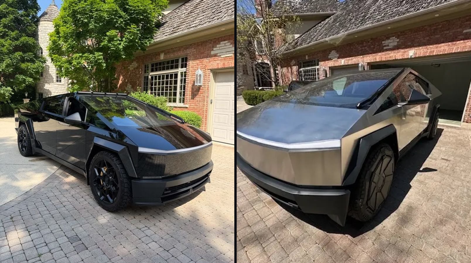 Black Tesla Cybertruck AWD and stainless-steel Cyberbeast side by side